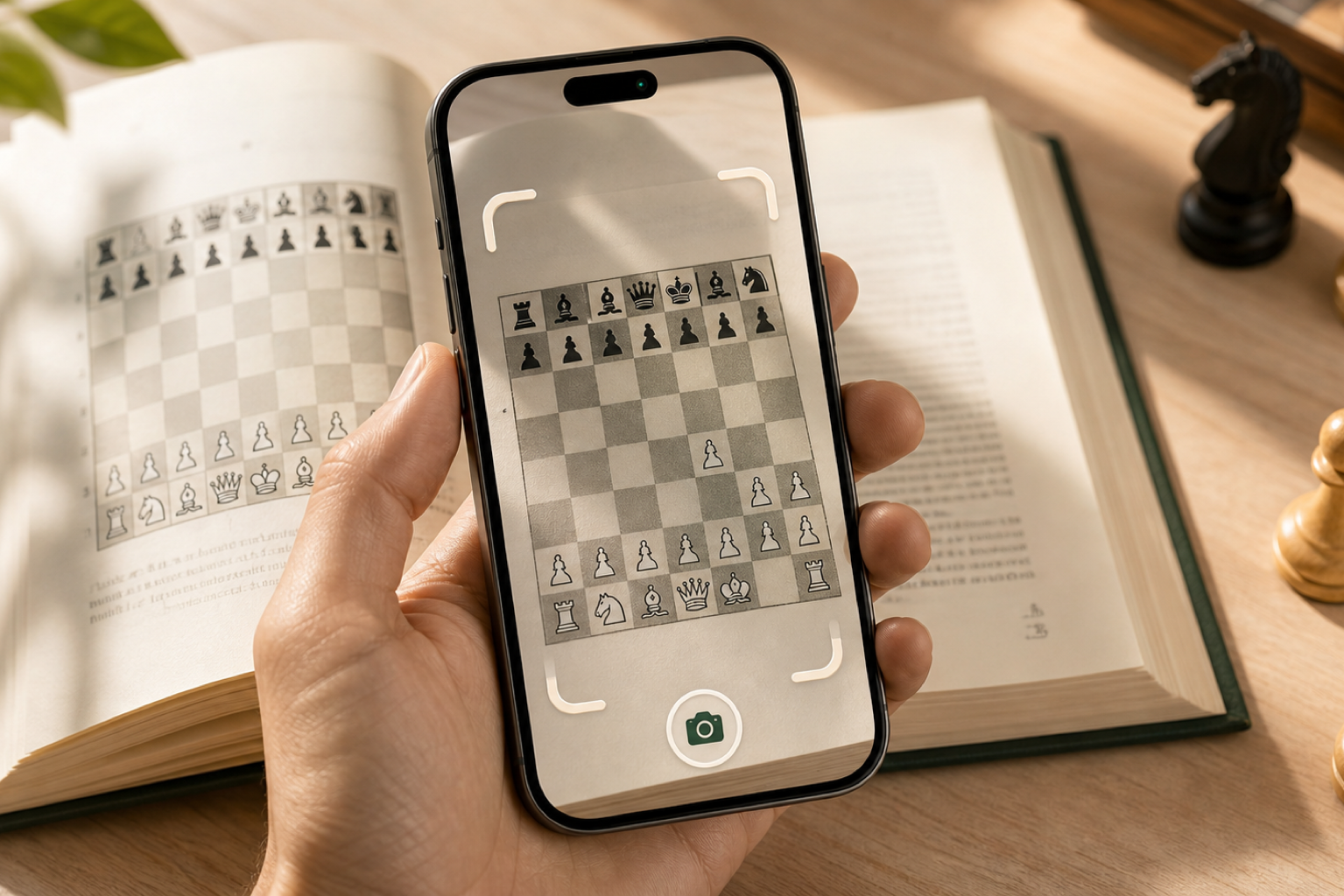 A phone using FENLens to capture a chess position from a book