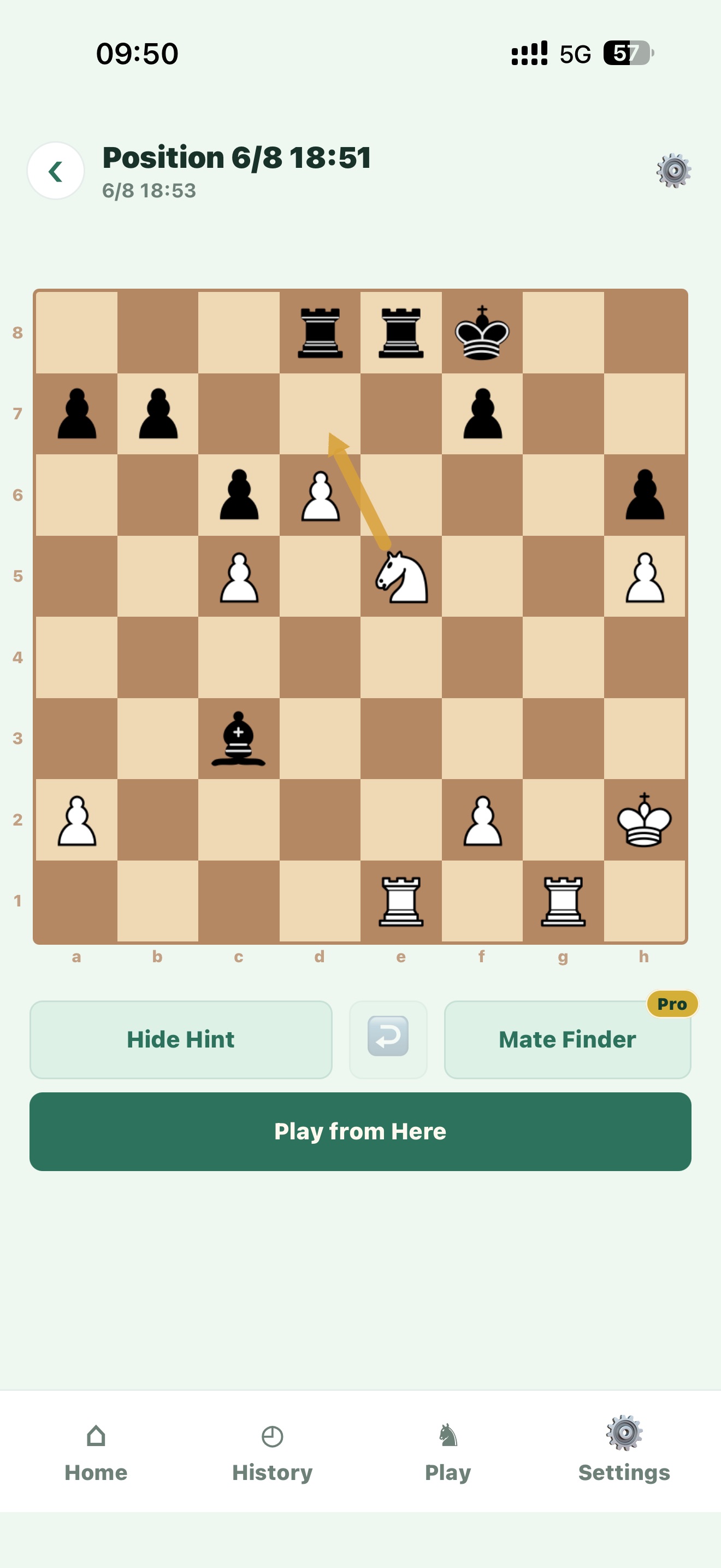 Analysis screen showing a best move arrow and Mate Finder
