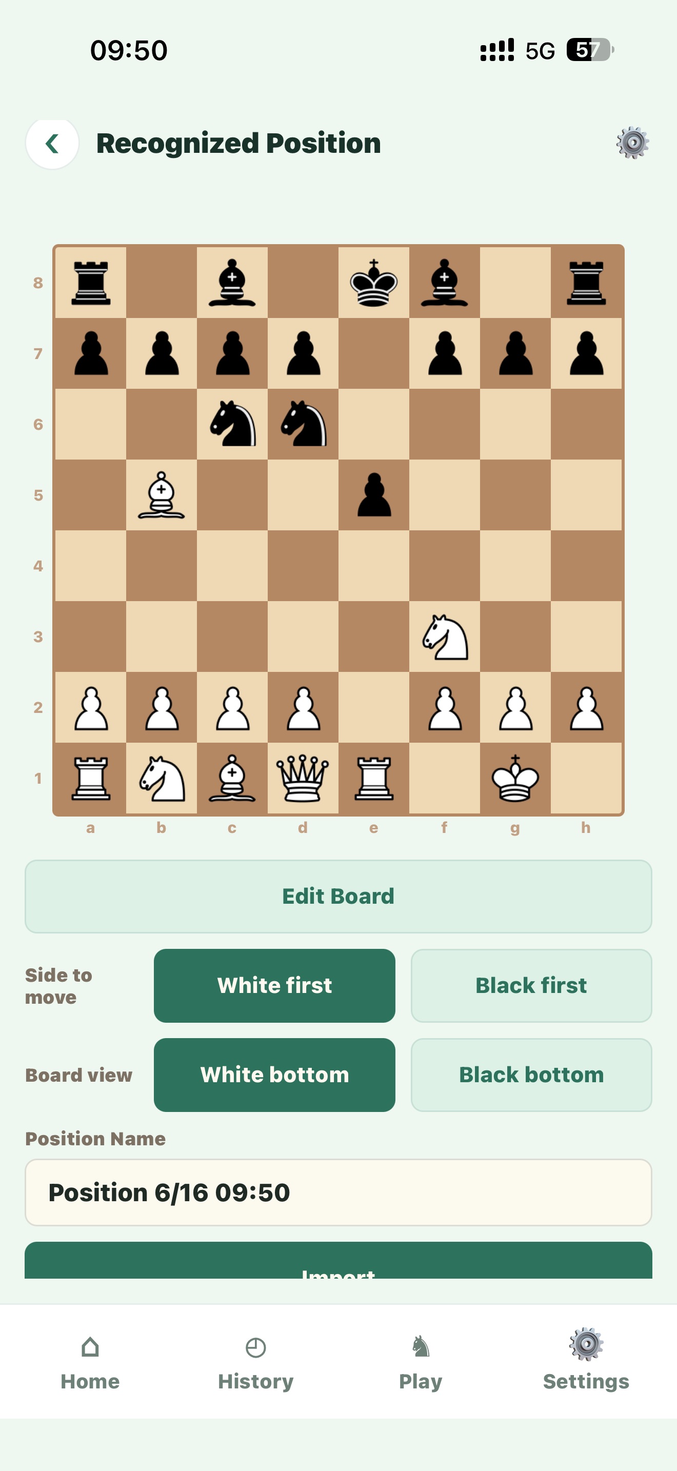 Recognized chess position with side to move and board view controls